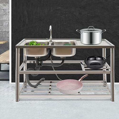 KEESUNG Edelstahl Spültisch, Küche Doppelschüssel Waschbecken Gastronomie Spüle Freistehende Spüle für die Reinigung von Geschirr, Töpfen und Pfannen, in Restaurants, Wäschereien, 120x45x80cm