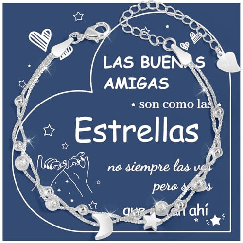 YELUWA Regalos Originales para Mujer, Estrella y Luna Pulsera De Plata 925 para Mujer Regalos Amigas Originales, Regalo Amiga Cumpleaños, Pulsera Amistad, Regalo Para Amigas, Amigo Invisible