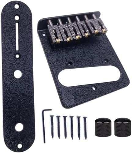 TUOREN 6 Strings Saddle Bridge Plate with 2Pcs Dome Knobs 3 Way Switch Control Plate Set Compatible with Telecaster Electric Guitar Carved Pattern Electric Guitar Bridge Plate Parts Black