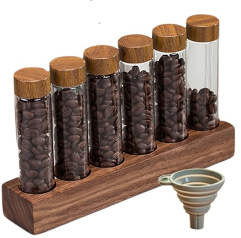 6 Tubes Coffee Bean Storage Tubes Portable Coffee Bean Container with Wooden Stand Sealed Coffee Bean Storage Jar with Lid Coffee Bean Storage Stand for Countertop