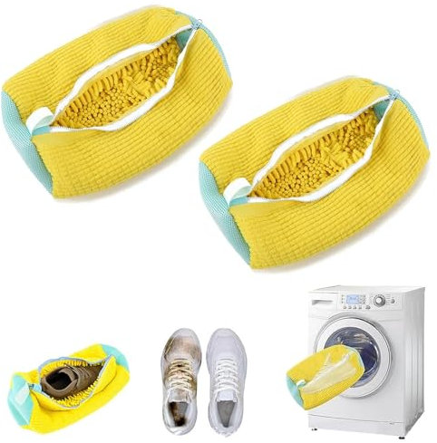 2 Stück Schuhbeutel Waschmaschine, Wiederverwendbarer Schuhwaschbeutel, Wäschenetz Schuhe mit 360°-Reinigungsflaum, Schuhsack Waschmaschine für Washing Machine, alle Schuharten und Größen (Gelb)
