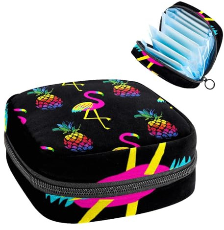 Aufbewahrungstasche für Damenbinden, Menstruationstassenbeutel, Periodenbeutel Organizer für Damenbinden, Tampons, Flamingo, Ananas, Schwarz