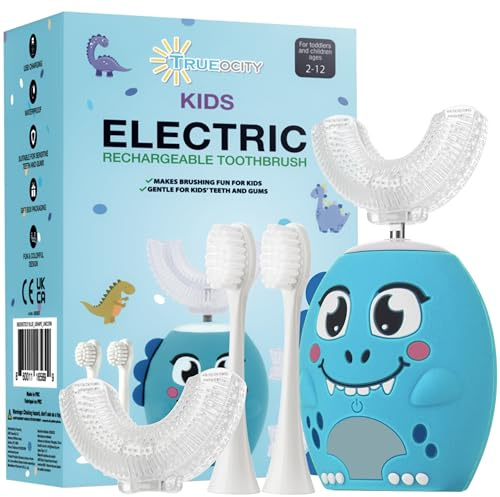 Trueocity Brosse à dents électrique automatique en forme de U pour enfants | Tête de brosse en silicone en forme de U à 360° | Nettoyage doux pour enfants de 2 à 7 ans | Motif dinosaure (bleu)