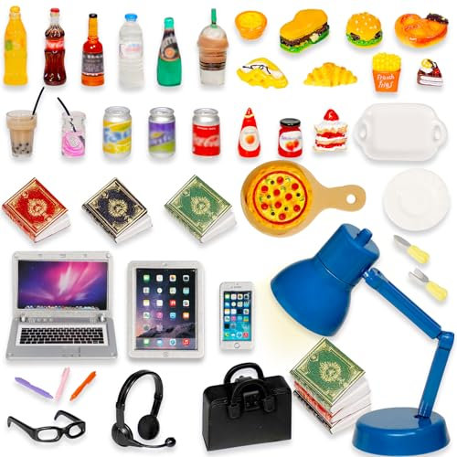 42 Pcs Miniature Laptop Computer Tablet and Hamburger Fries Cola Fast Food Cake Coffee Juice Fits Mini Drink Food Party