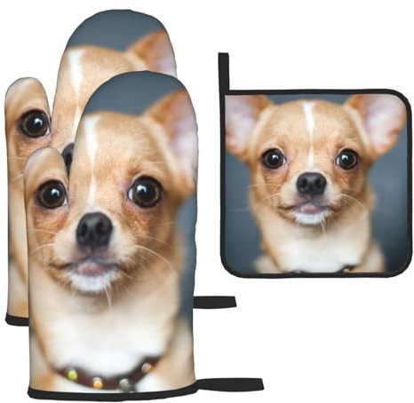 Cane Chihuahua carino e divertente,Guanti da cucina Guanti da forno antiscivolo Resistenti al calore Set da tre pezzi Guanti da forno e presine