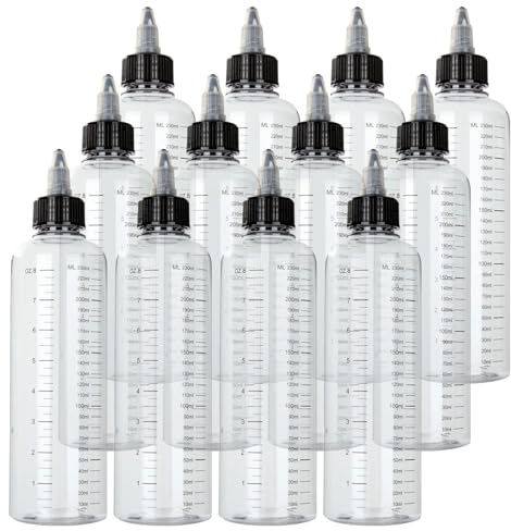 Nisone 12 Unidades × 250 ml Frascos de Distribución Graduados de Plástico PET con Tapa Twist Negro Botellas de Compresión para Tintas Líquidas/Tinturas/Capilares/Colorantes/Aceite/Miel/Pegamento