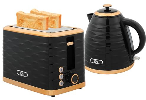 HOMCOM Kettle and Toaster Sets, 3000W 1.7L Rapid Boil Kettle & 2 Slice Toaster with 7 Browning Controls, Defrost, Reheat and Crumb Tray, UK Otter Thermostat, Black