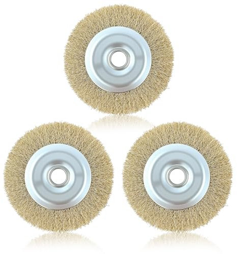 100mm Wire Wheel Brush 4-Inch Brass Plated Crimped Steel Wire Brush Bench with 16mm Arbor Hole Compatible with Patio Cleaners Drills Grinders for Rust Removal Polishing Deburring Joint Cleaning (3Pcs)