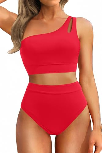 Two Piece High Waisted Swimsuits for Women - One Shoulder Bikini Tummy Control Bathing Suit 2025 Full Coverage Swimwear Red Large