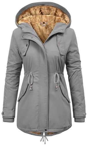 CMTOP Abrigos Mujer Invierno Termico Abrigo Forro Polar Chaqueta Invierno Largo con Capucha Chaqueta Cremallera Cálido a Prueba de Viento Casuales Parka con Cordón y Bolsillos(Gris Claro, M)