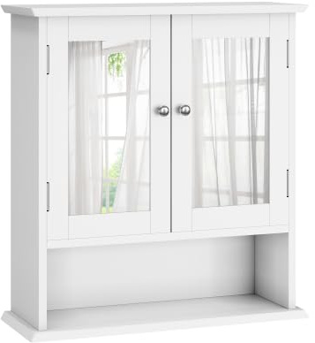 Badezimmerschrank Wandschrank mit 2 Türen und Offenen Regalen, Hängeschrank Badschrank Medizinschrank Wandmontage Wandregal Küchenschrank mit Spiegel und verstellbarem Regal, 54,6×19,8×60cm, Weiß
