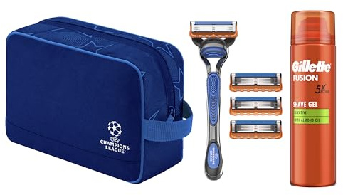 Gillette Fusion5 Rasierer für Männer, UEFA Champions League Special Edition — Inkl. 1 Gillette Nassrasierer, 4 Ersatzklingen mit Gleitstreifen und 5 Klingen, Langanhaltende Rasur, Rasiergel 200 ml