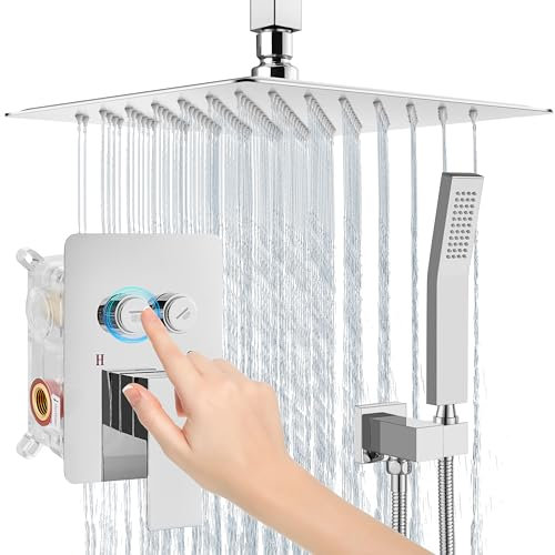 Doccia Soffione a soffitto con soffione e Rubinetto Manuale, valvola Grezza Inclusa, deviatore a Pulsante, Cromo Lucido