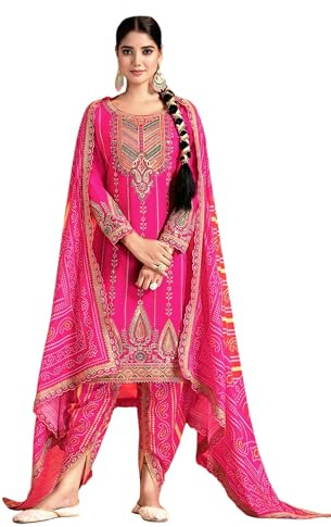 RC FASHIONS Women's Premium Chinon Mirror Work Dhoti-Style Suit Set with Digital Print Dupatta Multiple Colors | Free Size (Rani Pink, XL)