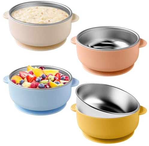 Set di 4 ciotole per bambini in acciaio inox con ventosa, protezione dalle scottature, ciotola in silicone rimovibile, ciotola per porridge e porridge, senza BPA, a prova di perdite per bambini