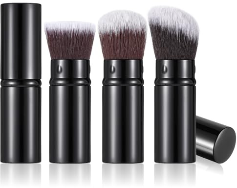 Kabuki - 3 pennelli retrattili per cipria, fondotinta, fard, per sfumare liquidi, bronzer, lucidare, cosmetici impeccabili, colore: nero
