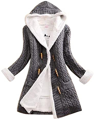Winter Hoodies for Women UK Fleece Lined Cardigans Sweater Button Up Cable Knit Drape Sweater Coat Outerwear with Pockets Fashion Button Down Knitted Chunky Outwear Open Front Coats Grey