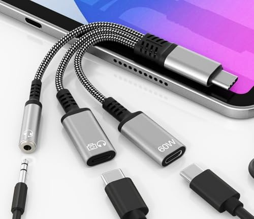 USB C Klinke Adapter - USBC zu PD60W Type-C Schnellladung und Type-C Kopfhörer und Klinke 3,5 Adapter für iPhone 17 16 15 Plus Pro Max, iPad Pro Air Mini, Samsung S25 S24 S23 S22 S21 S20 Ultra usw