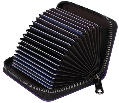 IHIGOGOFA Credit Card Holders for Women Men RFID Blocking Genuine Leather Card Case Mini Credit Card Wallet Purse Womens Small Blocked Accordion Wallets Case with Zipper