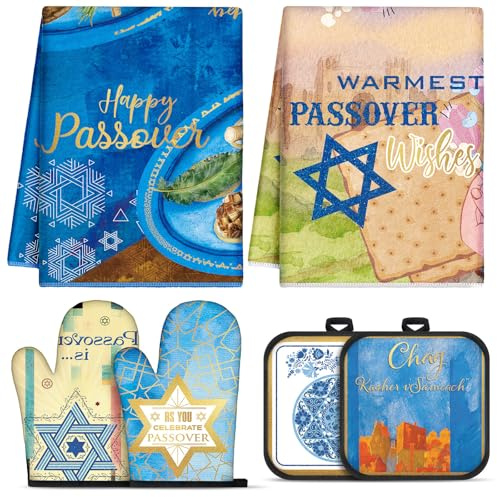 HunnmingRe 6 Pcs Passover Kitchen Accessories Sets Gifts Passover Kitchen Towels Oven Mitts Pot Holders Jewish Seder Decoration Pesach Hostess Gifts for Women Men Cooking Baking Dining Holiday Present