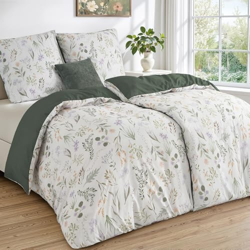 Duvetnova Sängkläder 135x200 Olivgrön växtblommor, Oeko-Tex-set med 2 påslakan 135x200 och 2 överdrag 80x80, med dragkedja