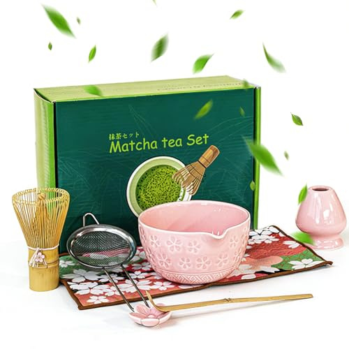 MeYuxg Matcha Set di 7 ciotole per tè Matcha, con beccuccio e scopa in bambù, cucchiaio e supporto, in ceramica, per principianti e appassionati