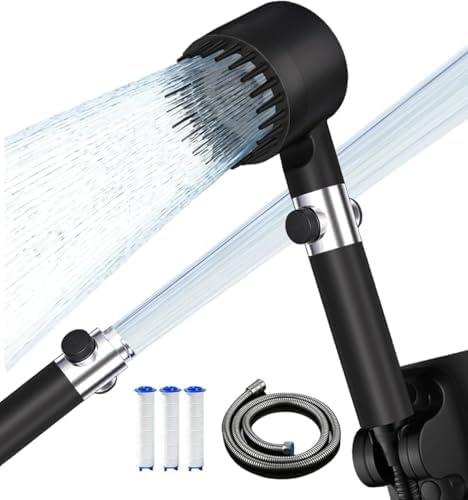 Duschkopf mit Filter, Hochdruck Handbrause mit Schlauch, 4 Strahlarten Duschkopf Wassersparend mit Filtration, shower head für Hartes Wasser,Rest-Chlor,Bakterien, Schwermetall, schwarz