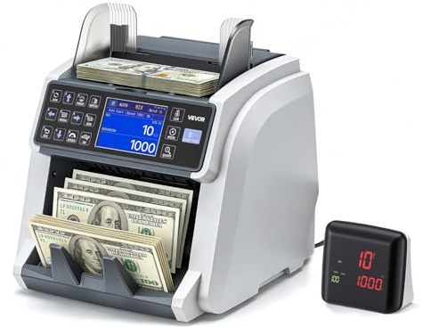 VEVOR Contadora de Billetes con Detección de Billetes Falsos, Máquina Contadora de Dinero Compatible con Múltiples Divisas CIS/UV/MG/IR/DD/DBL/HLF/CHN, con Pantalla a Color y Externa, Conteo Rápido