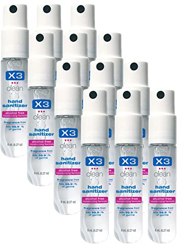 X3 Clean Mini Hand Sanitizer Spray – Alcohol Free and Fragrance Free - Pocket Size 0.27 Ounce Bottles (Pack of 12)