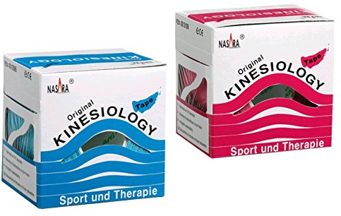 Nasara Original Kinesiologie Tape 2 Rollen Sparset mit 1x türkisblau, 1x pink. Jede Rolle in einer Spenderbox. Rollengröße 5cm x 5m