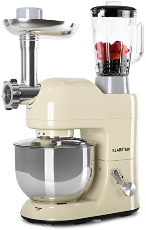 Klarstein Knetmaschine Küchenmaschine mit Fleischwolf, 1800W Teigmaschine Klein, 6 Stufen, Schneebesen Rühr- & Knethaken, Planetenrührwerk, Rührmaschine mit Mixer