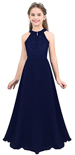 FEESHOW Kinder Mädchen Festliches Kleid Neckholder Spitze Chiffon Kleid A-Linie Hochzeit Party Abendkleid Festzug Geburtstag Ballkleid Maxi Dunkelblau 164