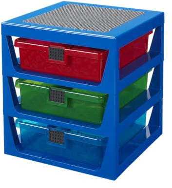 LEGO 3 - Schubladen Aufbewahrungsregal Blau - Anpassbare Aufbewahrungseinheit mit abnehmbaren Schubladen und Baufläche für Kinder - Schreibtisch oder Nachttisch