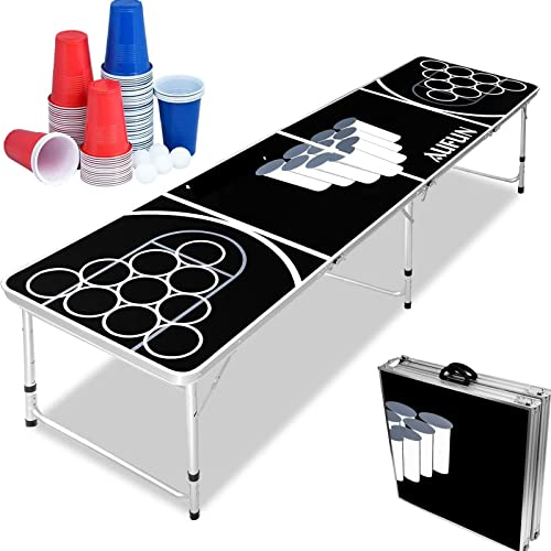 LZQ Beer Pong Tisch Beer Pong Table Höhenverstellbar Klappbarer Partyspiele Trinkspiele inkl. 5 Bälle und inkl. 100 Bechern in Rot und Blau (je 50 STK.) Kratz und Wassergeschützt