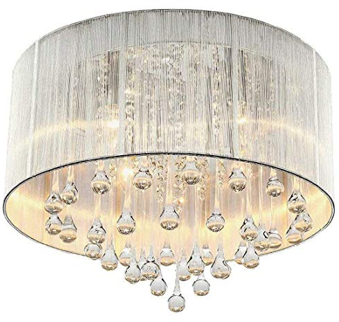LED E14 Deckenleuchte Stoff Tuch Schlafzimmer Wohnzimmer Kristall Lampe Deckenlampe Chrom Silber Weiß Textil Schirm Modern Weiss Rund Design Kronleuchter für Esszimmer Landhaus Arbeitszimmer, D40cm