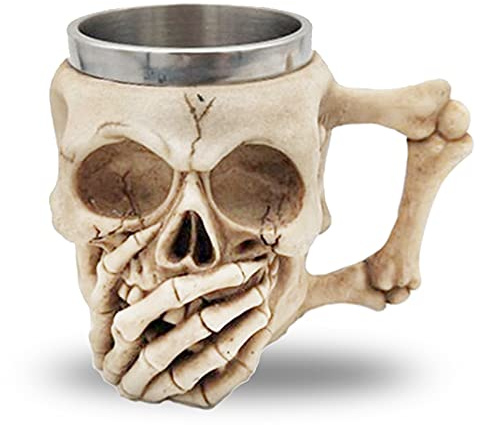 BAYINBROOK Tazza in Acciaio Inox con Teschio,Boccale di Birra Medievale,Tazza di Caffè in Acciaio INOX e Resina,per Birra Vino Bevande,Halloween Decor,400ml,(Cover Mouth)