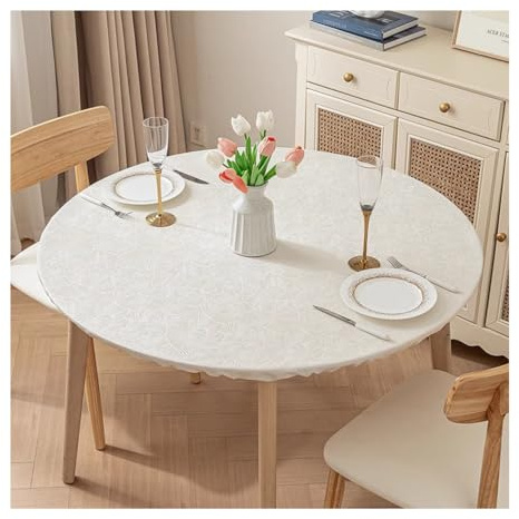 CIEEIN CIEHT Cubremesa Redondo con elástico Impermeable y Antideslizante Fácil de Limpiar Puede Utilizarse en Interiores y Exteriores Blanco 90cm de diámetro
