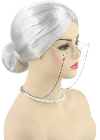 Topcosplay 3er Set Oma Perücke Großmutter mit Perlenkette Oma Brille Granny Perücke Grau Old Lady Kostüm Set Alte Dame Perücken für Karneval Halloween (Weiß)