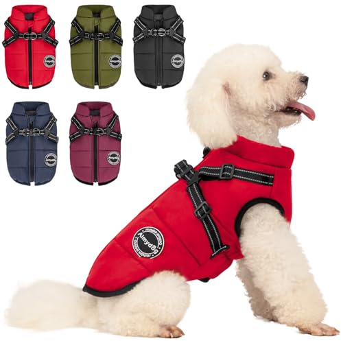 Aimydog Hundemantel Winter, Wärme Hundejacke Mit Brustgurt Gurt Winddichte mit bauchschutz, Haustier Outdoor Reflektierend Hundeweste mit Fleece Gefütterte für Kleine (Rot, S)