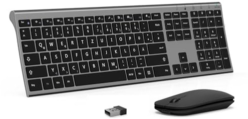 Kabelloses Tastatur Maus Set, seenda KS15F 2.4G Ultraflach Wireless Tastatur und Maus Aufladbar aus Aluminium, Deutsch QWERTZ Funktastatur Dünn für Windows/PC, Computer, Laptop(Grau und Schwarz)