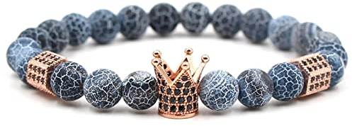 Beads Armband Damen, Onyx Armband Damen Dunkelblau Legierung Roségoldene Krone Und Sechseckige Säule Perlenarmbänder 19cmx8mm