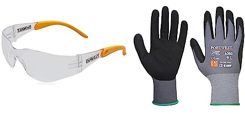 DEWALT DPG54-1D PROTECTOR Clear High Performance Lightweight Protective Safety Glasses With Wraparound Frame -Yellow/Clear (Packaging may vary) & Portwest A350 Flexible DermiFlex Glove Black, Medium