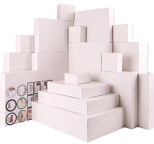 18 Stück Geschenkbox mit Deckel-Weiß Groß Geschenkbox Pappe mit Tag Aufkleber, 4 Größen Geschenkverpackung Boxen Set Weihnachten Karton Sortiment für weihnachts, Geburtstag, Urlaub, Hochzeit Geschenke