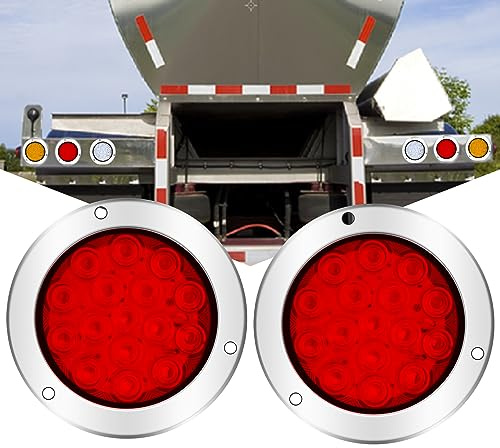 Biqing 2PCS 4 LED Feu Arrière de Remorque,Rond Feux arrières à 24V Camion Remorque Bateau Arrière Feu Arrière Frein Feu de Brouillard Inversé avec Anneau Chromé (Rouge)