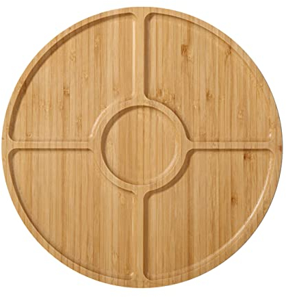 UPQRSG Plateau de Service en Bambou, Plateau Rond en Bois, Plateau de Service en Bois, Plateau de Service Divisé, Plateau de Collation Polyvalent pour Bonbons, Apéritif, Fruits, Noix, Fêtes(Rond)