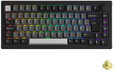 Akko 5075B Plus Gasket-Mounted Kabellos Mechanische Tastatur, 3-Modus 75% DE/UK Layout Gaming Keyboard mit Swappable Linear Switch, Cherry PBT Tasten, Drehknopf für Win/Mac (Schwarz & Silber)