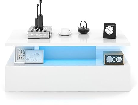 Multigot LED Coffee Table, 2 Tier Cocktail Center Table with Adjustable Light Colors, Speed and Brightness, High Glossy Rectangle Sofa Side Tea Table for Living Room Office (White)
