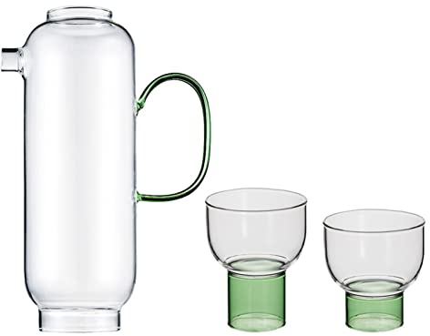 Wasserkaraffe Glas Wasserkrugset mit Griff Fruchtsaft Jug Transparente Saftkanne Wasser Tassen Kalter Wasserkocher mit 2 Tassen hellgrün Wasserkrug