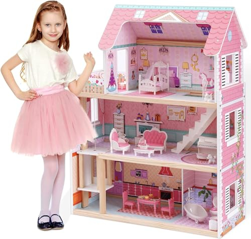 ROBUD Puppenhaus Holz Kinder Spielzeug | Dollhouse Puppenhaus ab 2-5 Jahre Mädchen Puppen Haus Groß mit Zubehör, Geschenk für Kinder