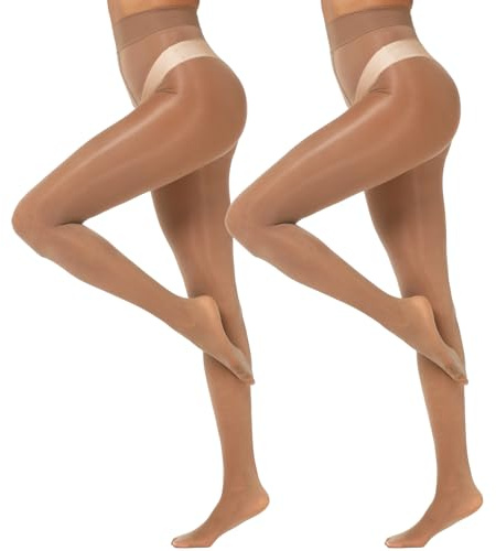MANZI Ölig Glanzstrumpfhosen Damen Sexy Seidenglatt Feinstrumpfhose 15 Den | Nylon Strumpfhose Glänzend Seidenstrumpfhose Reißfest Schwarz Hautfarbe Braun Weiß,2 Paar